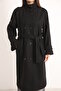 Black New Trend Women's Cashmere Mock Neck Front Buttoned Belted Epaulette Overcoat. - 6