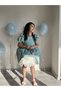Turquoise Velvet Balloon Sleeve Balloon Skirt Special Design Girl's Party Dress +Buckle - 8