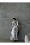 Crepe Fabric Floral Pattern Shirt Collar Self Belted White Dress-42131 - 5