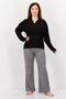 Women Spread Collar Stripe Long Sleeve Sleepwear Top, Black - 3