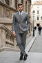 Slim Fit Pointed Collar Double Slit Stripes Double-Breasted Gray Suit (Modern Elegance)