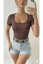 Women's U-Neck Ribbed Knit Fabric Short Sleeve T-Shirt