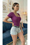 Women's U-Neck Ribbed Knit Fabric Short Sleeve T-Shirt - 3