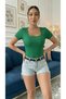Women's U-Neck Ribbed Knit Fabric Short Sleeve T-Shirt - 2