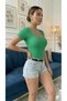 Women's U-Neck Ribbed Knit Fabric Short Sleeve T-Shirt - 3