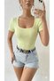 Women's U-Neck Ribbed Knit Fabric Short Sleeve T-Shirt