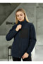 Navy Blue Women's Fleece Jacket with Front Piece Detail and 3 Pockets - 2