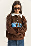 Women's Bitter Brown Polo Collar Chicago Printed Three Thread Ribbed Sweatshirt 60601050 - 4