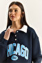 Women's Navy Blue Polo Collar Chicago Printed Three Thread Ribbed Sweatshirt 60601050 - 5