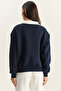 Women's Navy Blue Polo Collar Chicago Printed Three Thread Ribbed Sweatshirt 60601050 - 6