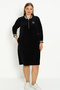 Women's Plus Size Black Cotton Velvet Pocket Zipper Print Detail Long Sleeve Dress