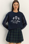 Women's Navy Blue Crew Neck Embroidered Three-Yarn Threaded Sweatshirt 60601049
