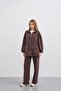Brown Women's Waist Elastic Detailed Pocketed Zipper Closure Oversized Modal Bottom Top Set - 3