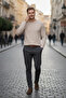 Men's Slim Fit Beige Crew Neck Cotton Blend Knit Sweater - 3