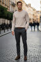 Men's Slim Fit Beige Crew Neck Cotton Blend Knit Sweater - 5