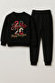 New Year 2026 Santa Claus Christmas Printed Crew Neck Black Children's Tracksuit Bottom Top Set