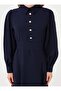 Gold Button Detailed Balloon Sleeve Belted Hijab Dress - Navy Blue - - 4