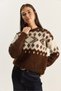 Women's Brown Ecru Crew Neck Patterned Shawl Collar Knitwear Sweater 20251117 - 4