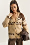 Women's Beige Geometric Patterned Shawl Knitwear Cardigan 20258059 - 5