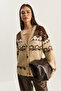 Women's Beige Geometric Patterned Shawl Knitwear Cardigan 20258059 - 4