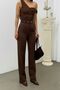 Belted High Waist Brown Fabric Palazzo Pants - 2
