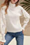 Women's White Half Turtle Sleeve Lace Detailed Sweater - 2