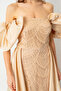 Women's Beige Boat Neck Satin Tail Long Beaded Evening Dress - 4