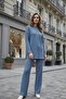 Blue Cotton Corded Fabric Women's Blouse Trousers Two-Piece Set