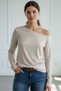 Brown-Beige 2-Pack Women's Off-Shoulder Boat Neck Relaxed Fit Long Sleeve T-Shirt - 8