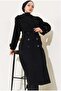 Women's Premium Long Winter Belted Wool Coat, Black - 2