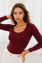 Women's Burgundy U Neck Stretchy Long Sleeve Cotton Blouse - 4