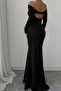 Black Madonna Collar Long Sleeve Backless Crepe Fabric Long Dress - 2