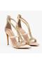 Women's Beige Nude Gold Stone Striped T-Strap Pointed Toe Thin High Heel Evening Dress Shoes - 2