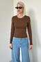 Brown Crew Neck Slim Fit Women's Bodysuit Mg2564 - 3
