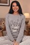 Women's Bang Slogan Six-Stripe Crew Neck Long Sleeve Six-Long Combed Cotton Pajama Set