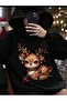Colorful Deer Printed Black Hooded Sweatshirt Hodie - 3