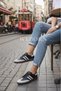 Women's Black Gray White Striped Lightweight Comfortable Sole Sneaker Faux Leather Sports Shoes