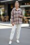 Beige-Brown Striped Hooded Long Sleeve Lumberjack Plaid Buttoned Pocket Woven Shirt 68 65 - 4