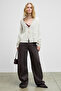 Esencia Women's V-Neck Long Sleeve Buttoned Pocketed Soft Textured Regular Knitwear Ecru Sweater - 4