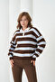 Women's Polo Neck Striped Soft Textured Oversized Knitwear Sweater - 5