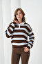 Women's Polo Neck Striped Soft Textured Oversized Knitwear Sweater - 2