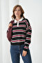 Women's Polo Neck Striped Soft Textured Oversized Knitwear Sweater - 3