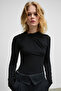 Haze Women's Round Neck Front Knot Detailed Long Sleeve Stretch Fabric Snap Fastener Black Blouse
