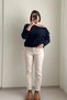 Boat Neck Navy Blue Bearded Knitwear Sweater - 3