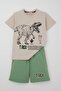 Boys' Shorts Set Strong Dinosaur Printed Short Sleeves Big Power 4-9 Years Old, Beige