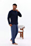 Men's Navy Blue-Turquoise Plaid Printed Cotton Knitted Long Sleeve Pajama Set with Pockets - 5