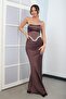 Women's Strapless Transparent Strap Lined Shiny Stone Detailed Satin Long Dress with Draped Flared Skirts on the Front - 3