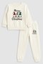 2026 New Year Santa Claus Christmas Printed Crew Neck Ecru Children's Tracksuit Bottom Top Set