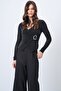 Black Tulle Detailed Glittery Buckle V-Neck Blouse Vs01654 - 3