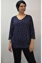 Navy Blue Polka Dot V-Neck Batwing Three-Quarter Sleeve Skirt Cuffed Combed Viscose T-Shirt - 3